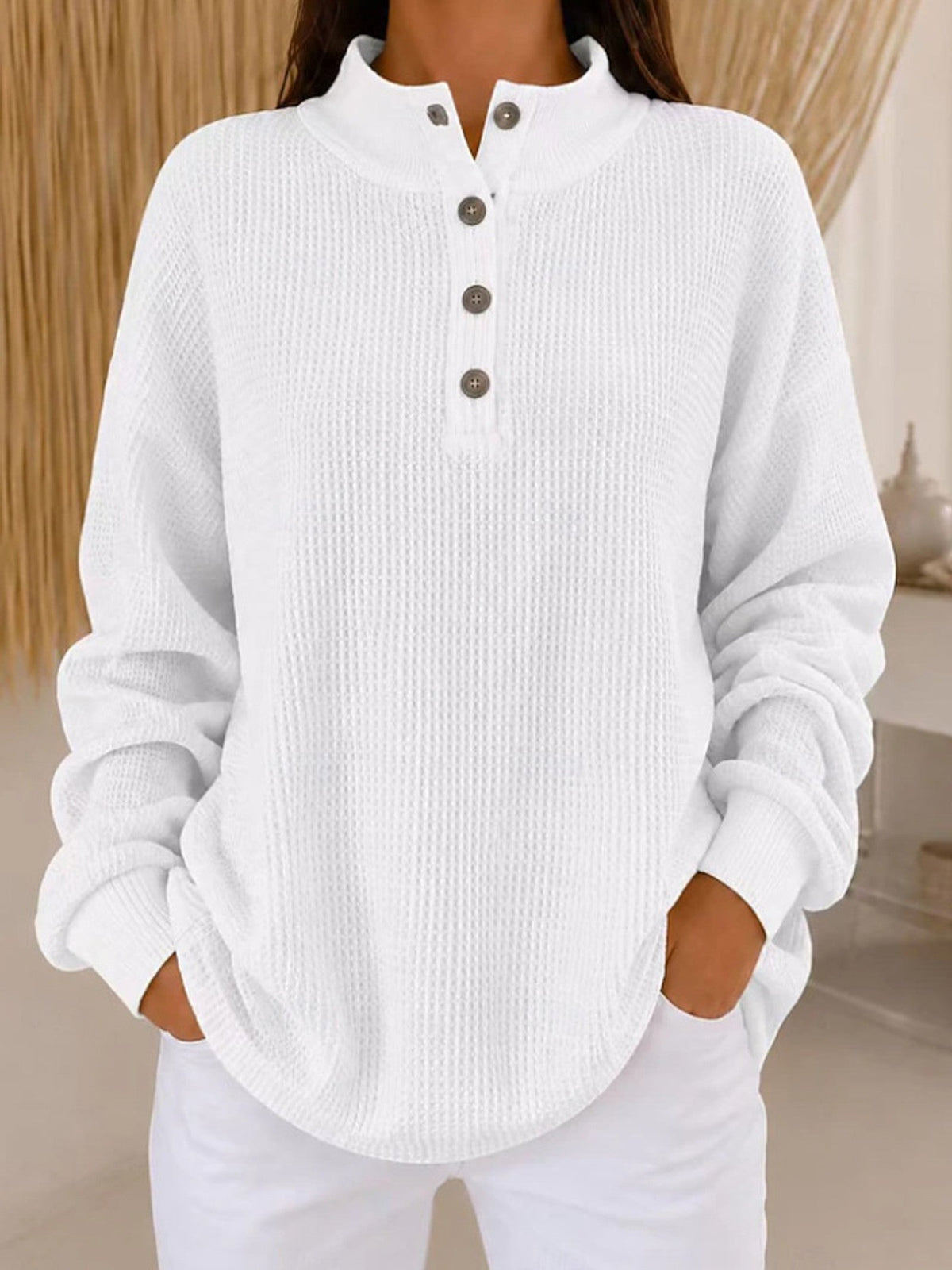 Xenia | Waffle-Knit Sweater With Button Collar