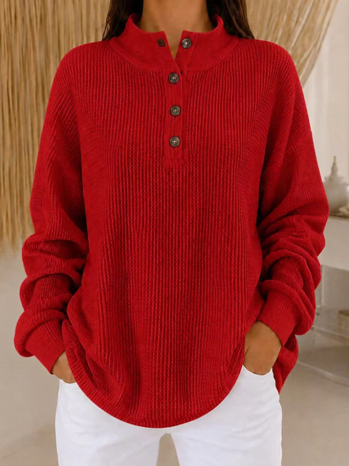Xenia | Waffle-Knit Sweater With Button Collar