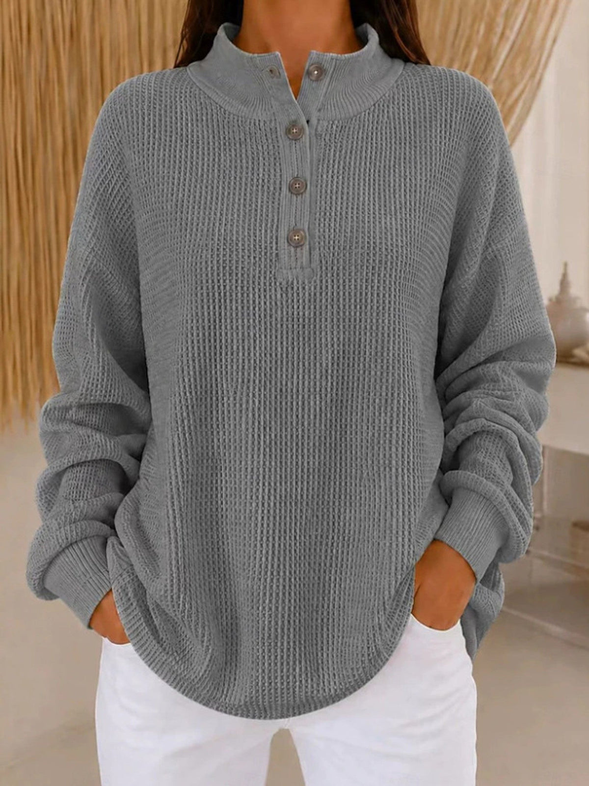 Xenia | Waffle-Knit Sweater With Button Collar