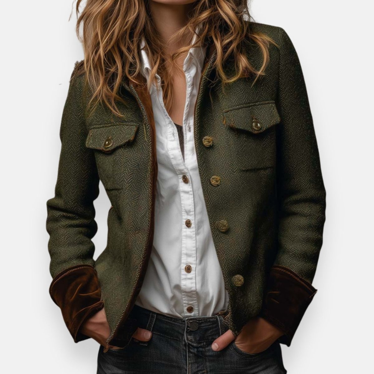 Viviana | Herringbone Tweed Military-Style Jacket
