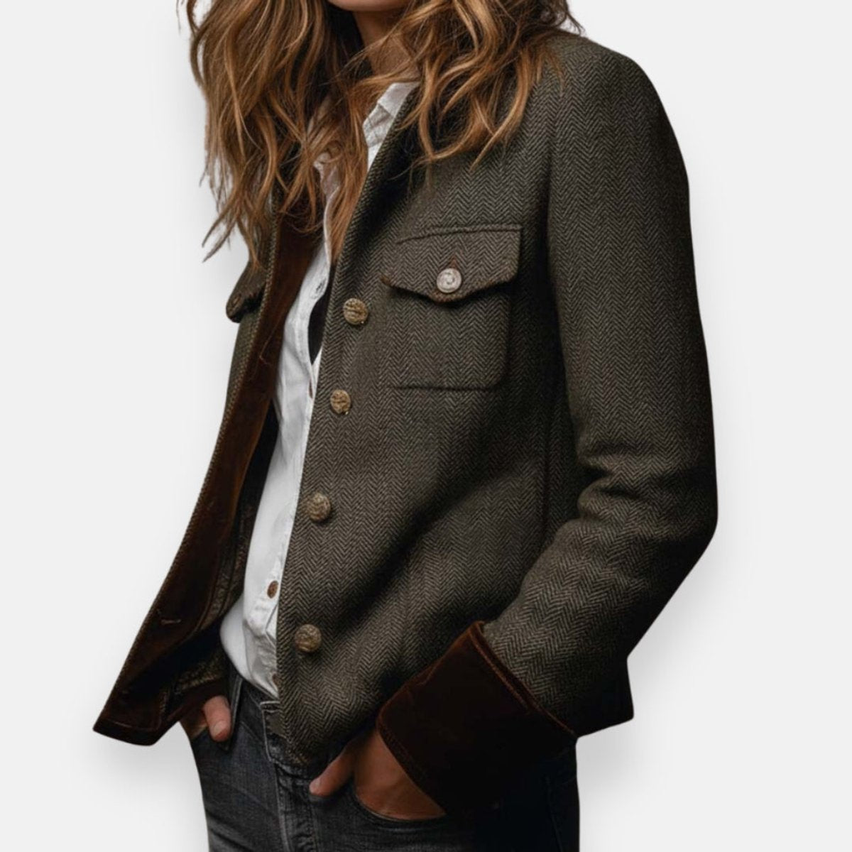 Viviana | Herringbone Tweed Military-Style Jacket